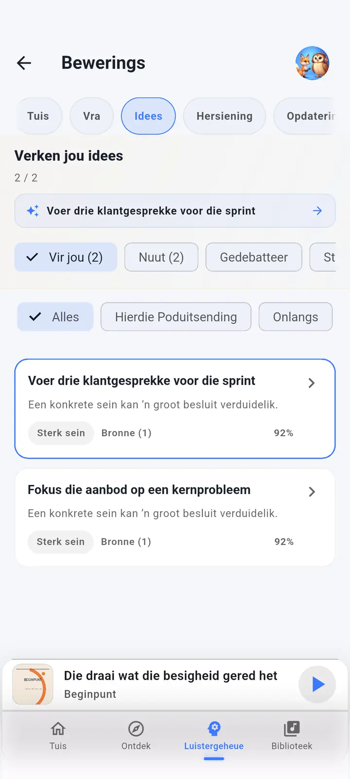 Die AI-assistent-skerm — The Podcast App, loop in hierdie taal.