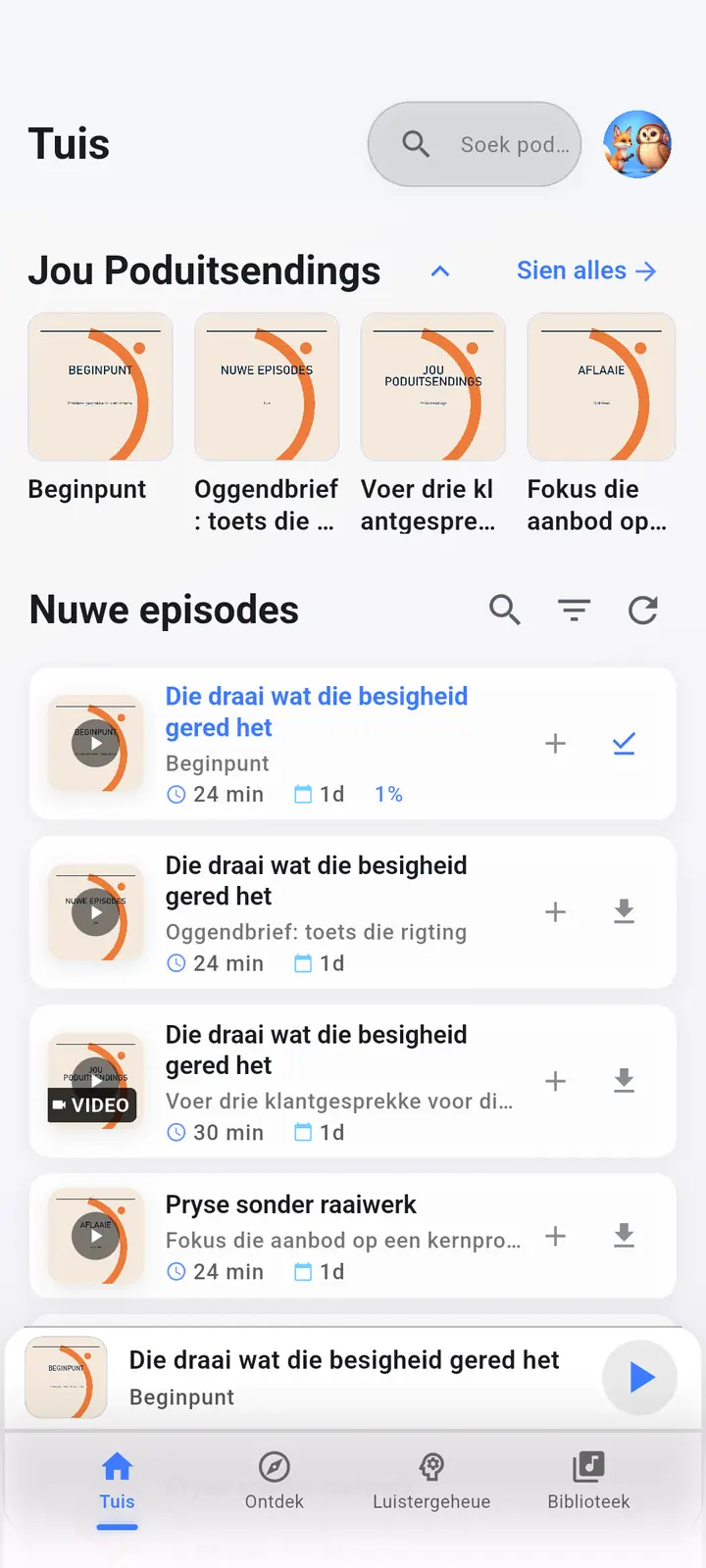 Die tuisskerm — The Podcast App, loop in hierdie taal.