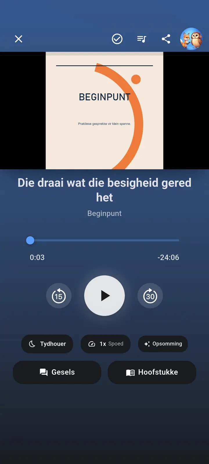 Die klankspelerskerm — The Podcast App, loop in hierdie taal.