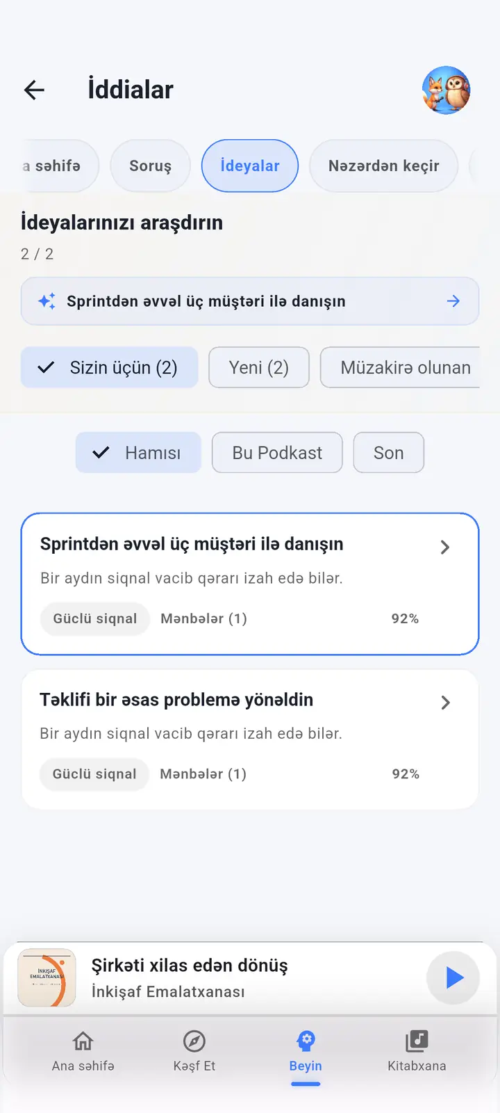 AI köməkçisi ekranı — The Podcast App, bu dildə işləyir.