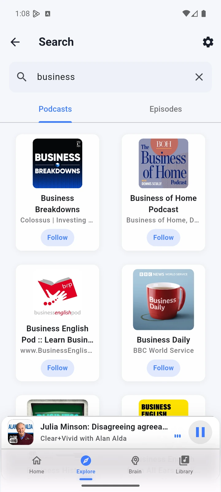 Business podcast search results in The Podcast App