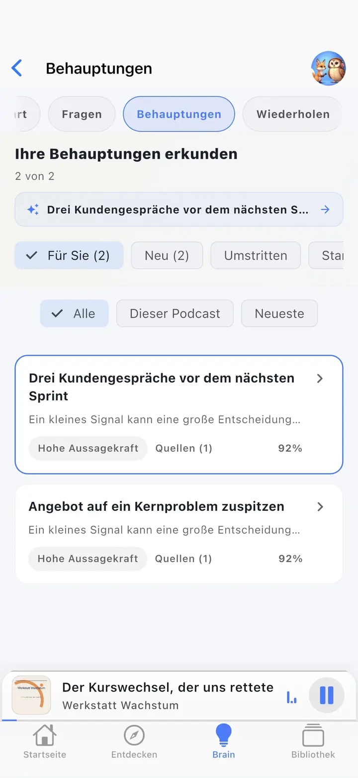 Der Bildschirm des KI-Assistenten — The Podcast App, läuft in dieser Sprache.