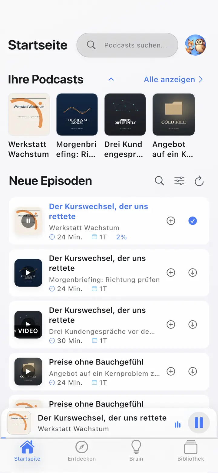 Der Startbildschirm — The Podcast App, läuft in dieser Sprache.