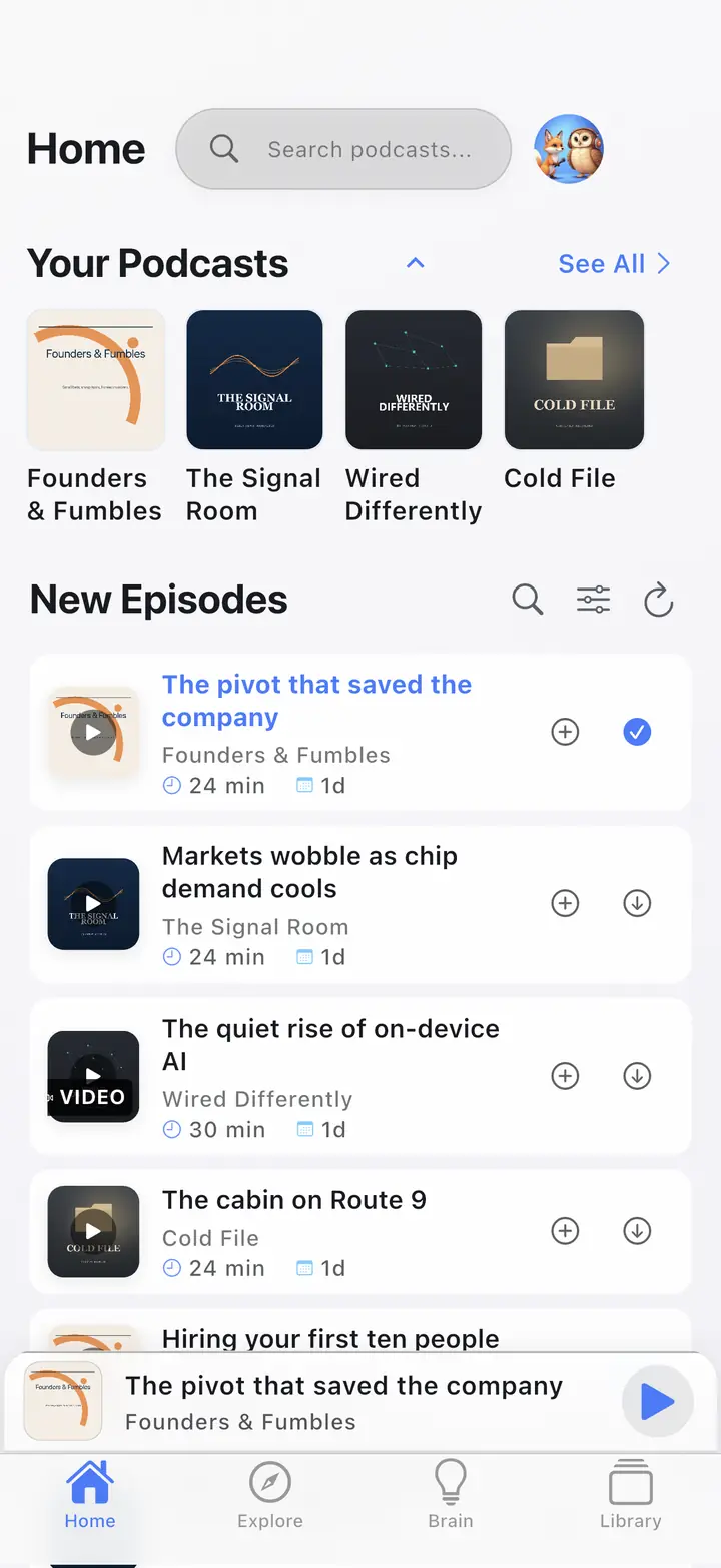 The home screen — The Podcast App, running in this language.