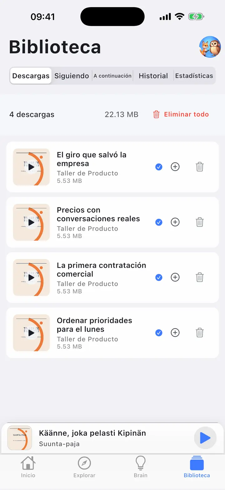 La pantalla de episodios descargados. — The Podcast App, ejecutándose en este idioma.