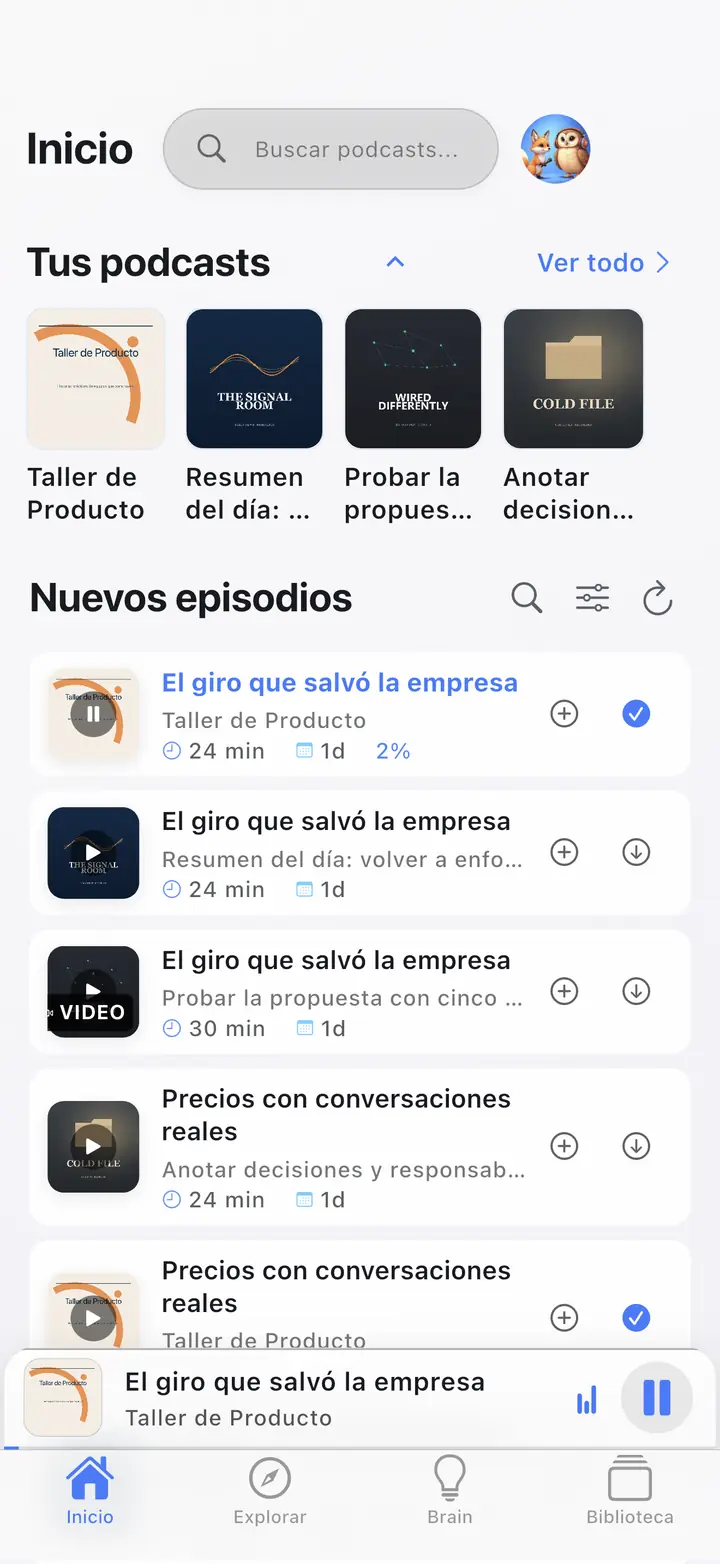 La pantalla de inicio — The Podcast App, ejecutándose en este idioma.