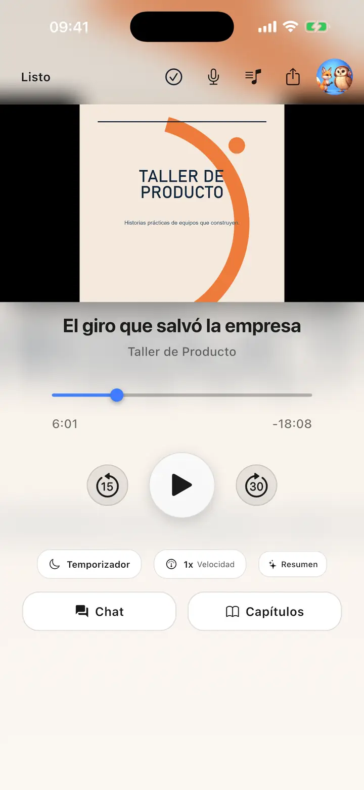 La pantalla del reproductor de audio. — The Podcast App, ejecutándose en este idioma.