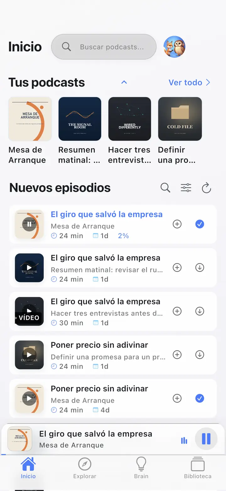 La pantalla de inicio — The Podcast App, ejecutándose en este idioma.