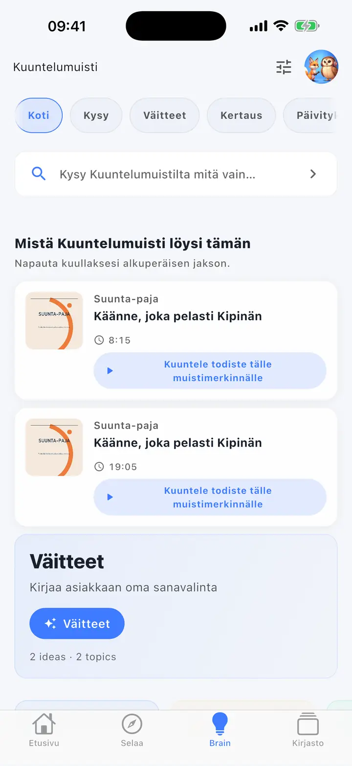 AI-avustajan näyttö — The Podcast App, toimii tällä kielellä.