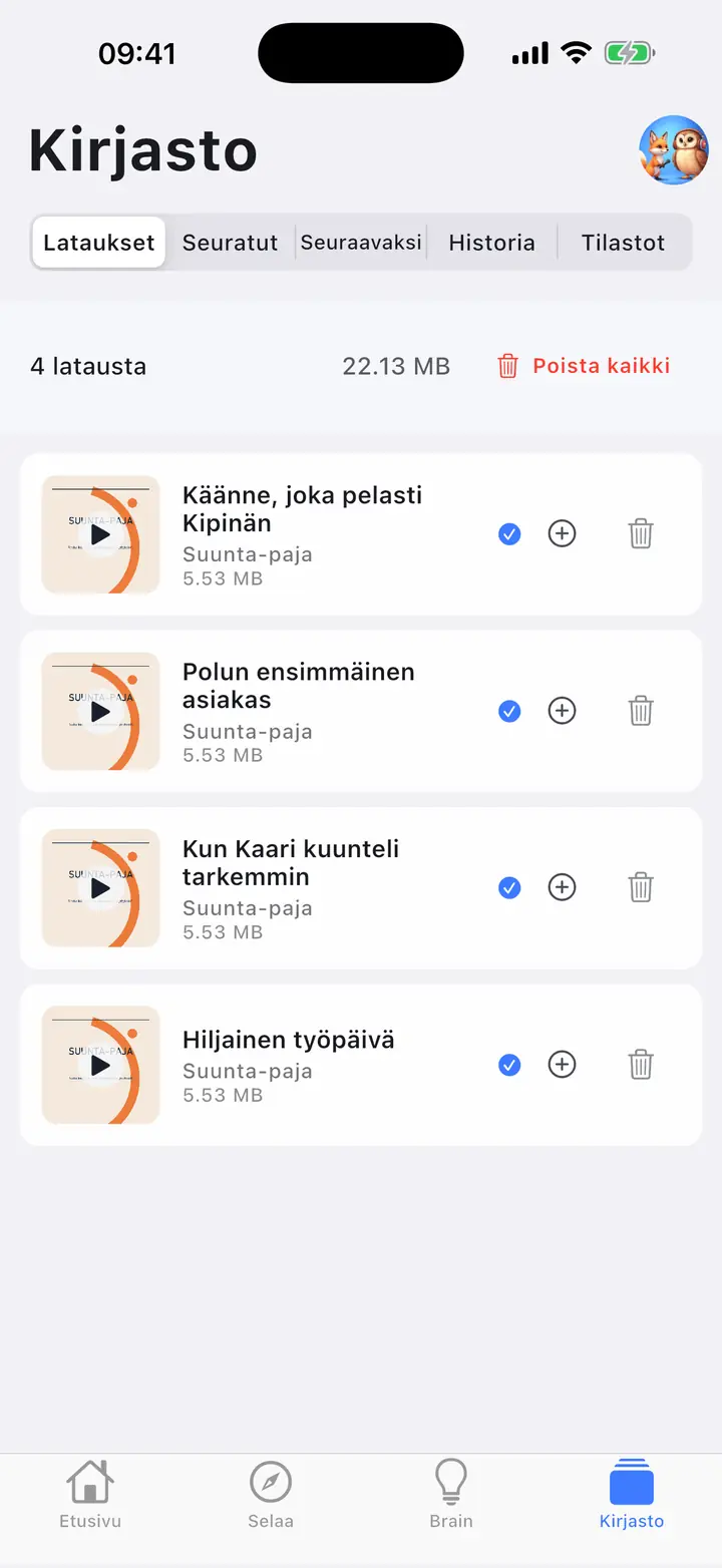 Ladattujen jaksojen näyttö — The Podcast App, toimii tällä kielellä.