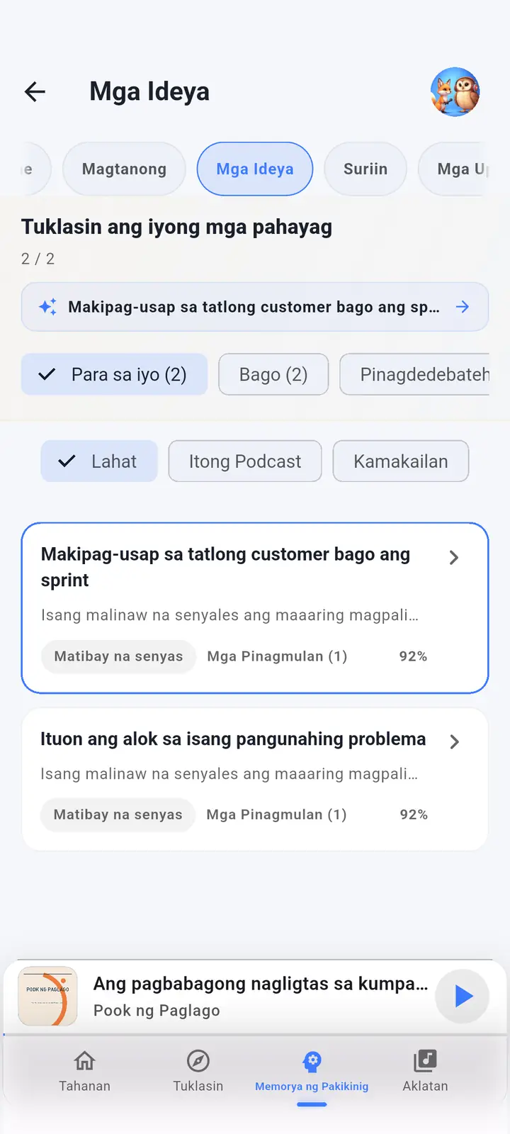 Ang screen ng AI assistant — The Podcast App, tumatakbo sa wikang ito.