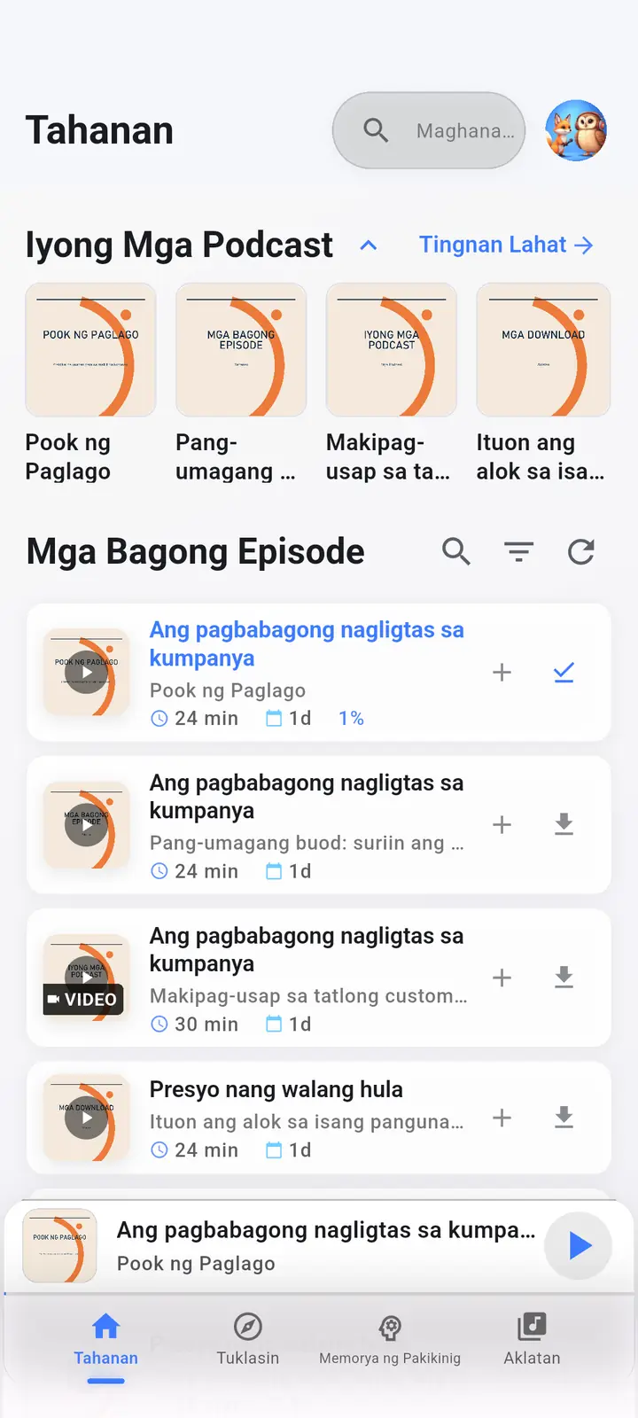 Ang home screen — The Podcast App, tumatakbo sa wikang ito.