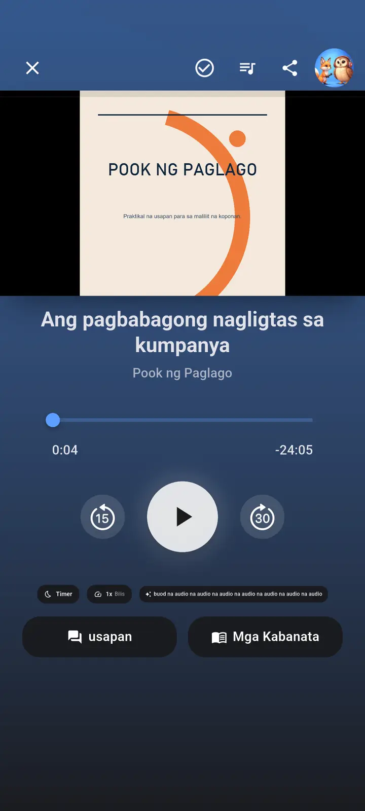 Ang screen ng audio player — The Podcast App, tumatakbo sa wikang ito.
