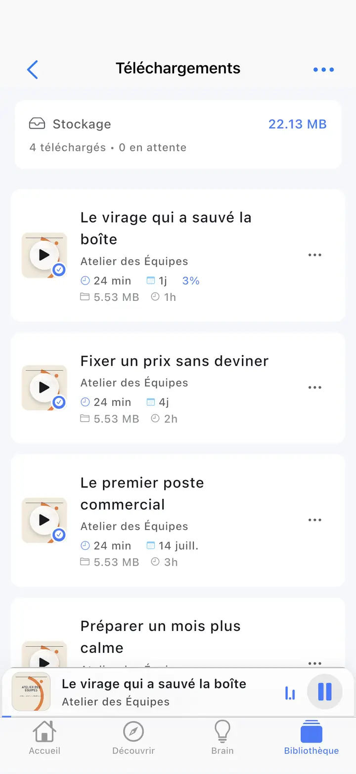 L'écran des épisodes téléchargés — The Podcast App, exécuté dans cette langue.