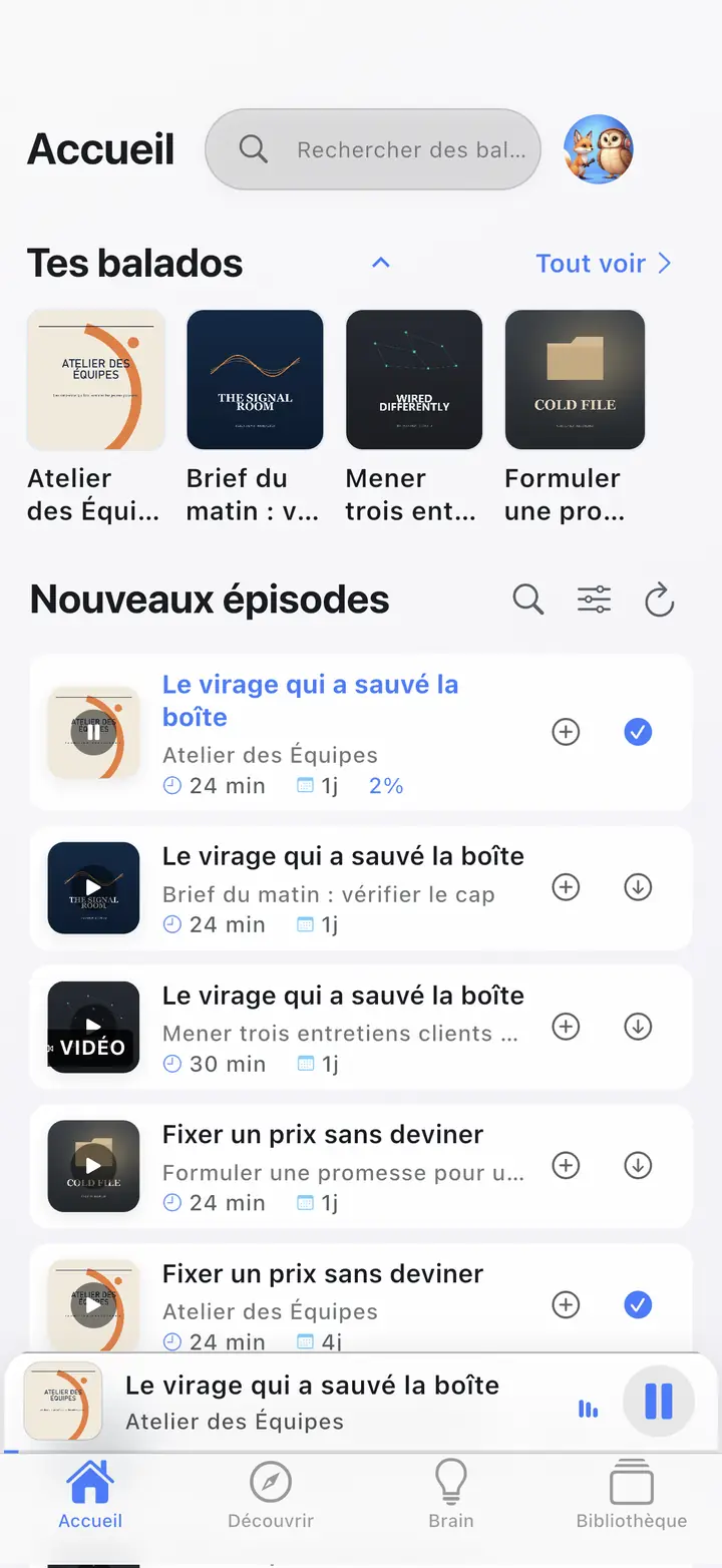 L'écran d'accueil — The Podcast App, exécuté dans cette langue.
