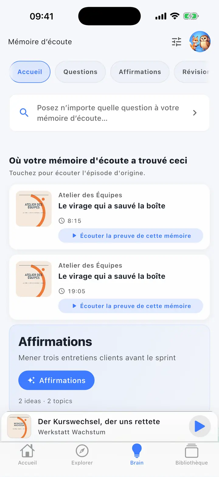 L'écran de l'assistant IA — The Podcast App, exécuté dans cette langue.