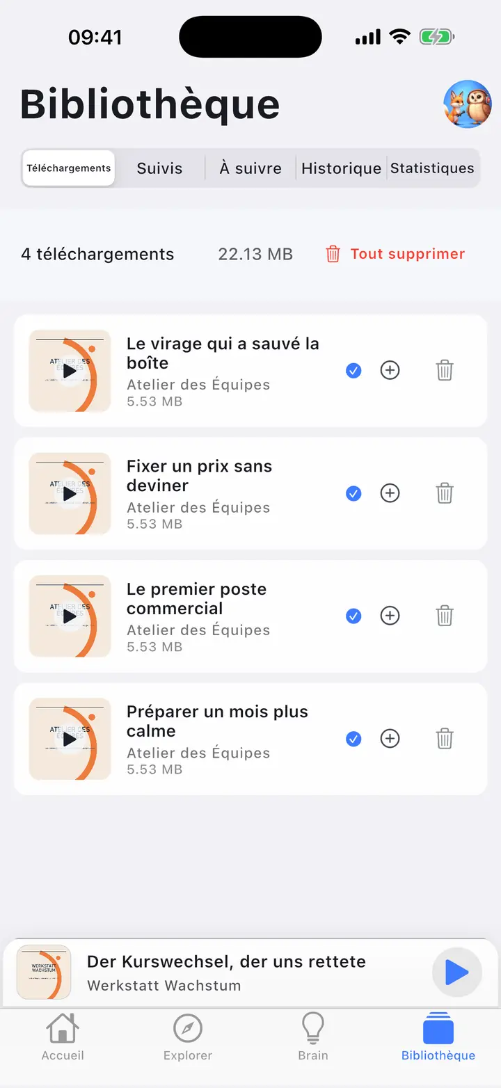 L'écran des épisodes téléchargés — The Podcast App, exécuté dans cette langue.