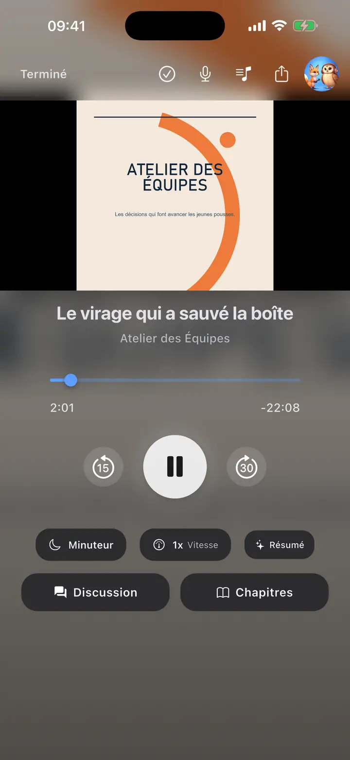 L'écran du lecteur audio — The Podcast App, exécuté dans cette langue.