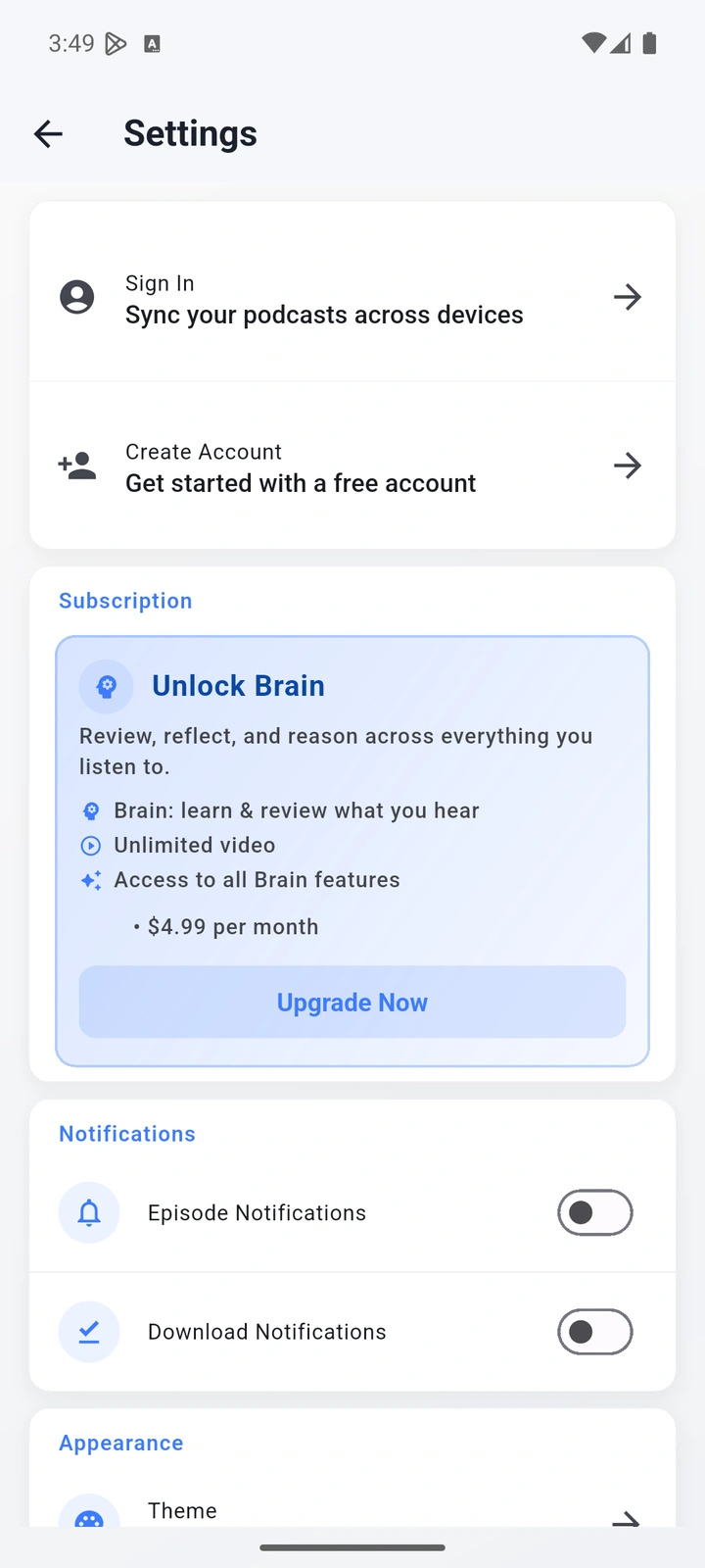 The Podcast App settings screen showing free account and Premium Brain options