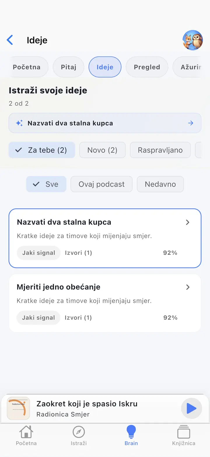 Zaslon AI pomoćnika — The Podcast App, radi na ovom jeziku.