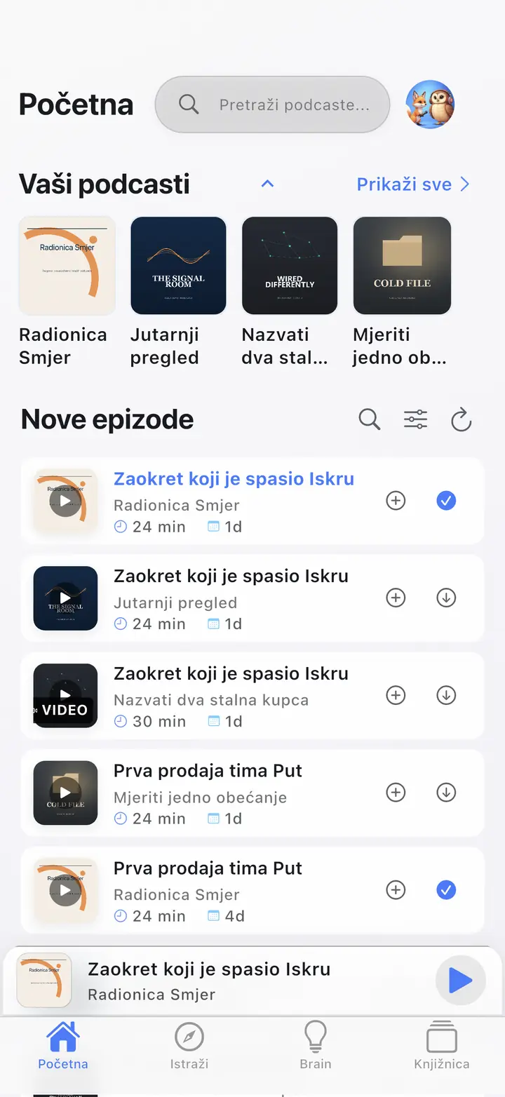 Početni zaslon — The Podcast App, radi na ovom jeziku.