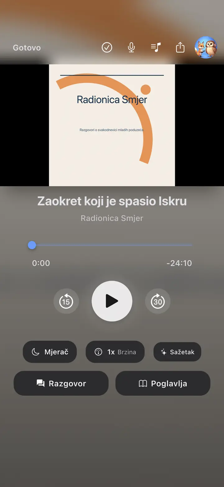 Zaslon audio playera — The Podcast App, radi na ovom jeziku.