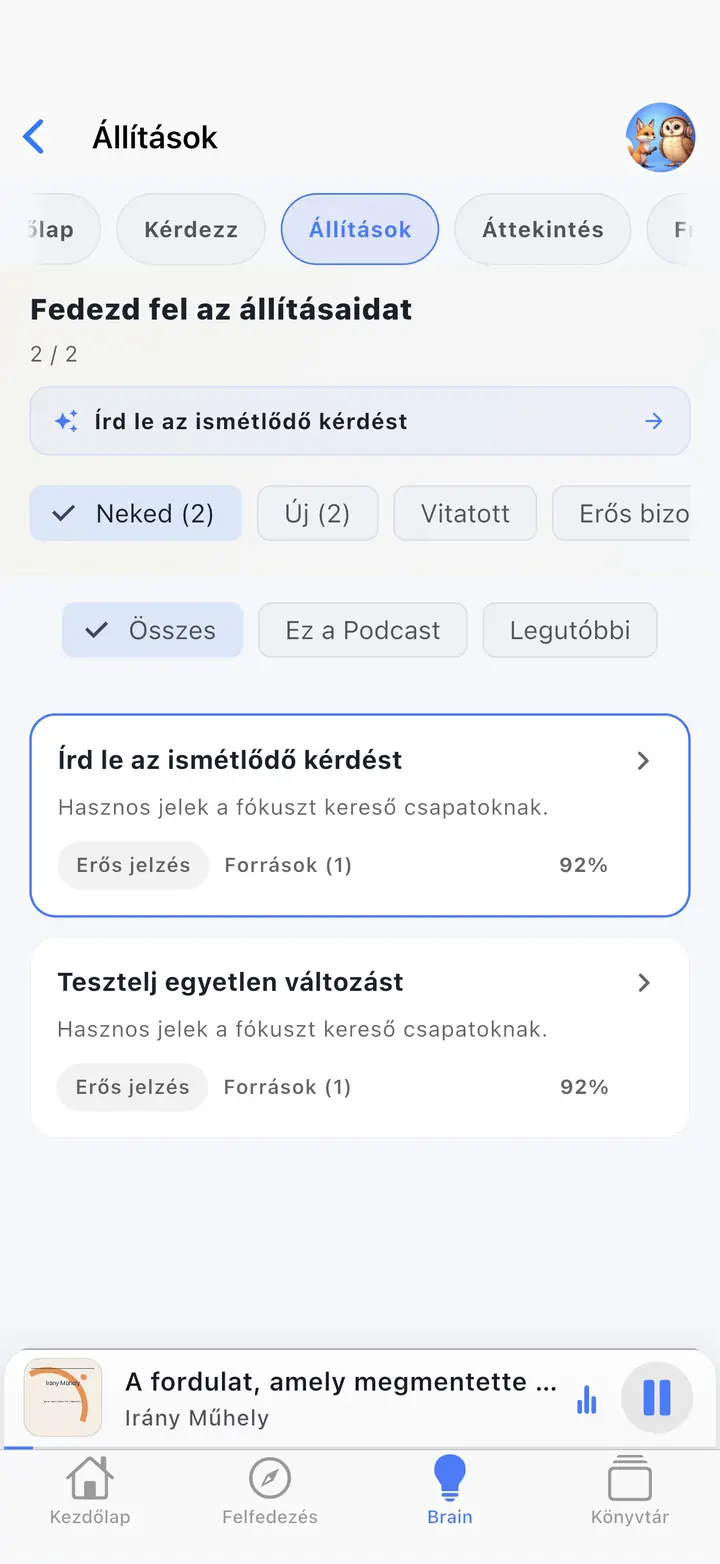 Az AI-asszisztens képernyő — The Podcast App, ezen a nyelven fut.