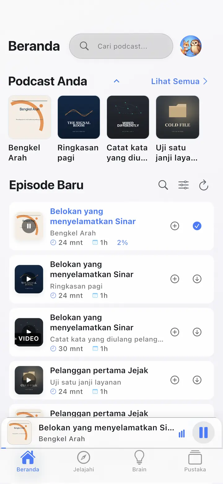 Layar beranda — The Podcast App, berjalan dalam bahasa ini.