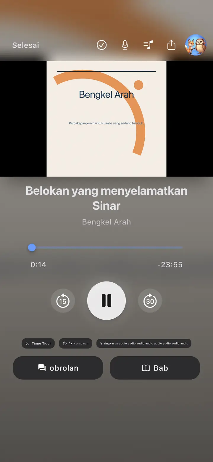 Layar pemutar audio — The Podcast App, berjalan dalam bahasa ini.