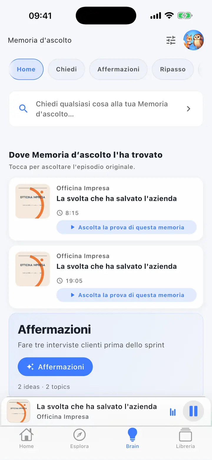 La schermata dell'assistente AI — The Podcast App, in esecuzione in questa lingua.