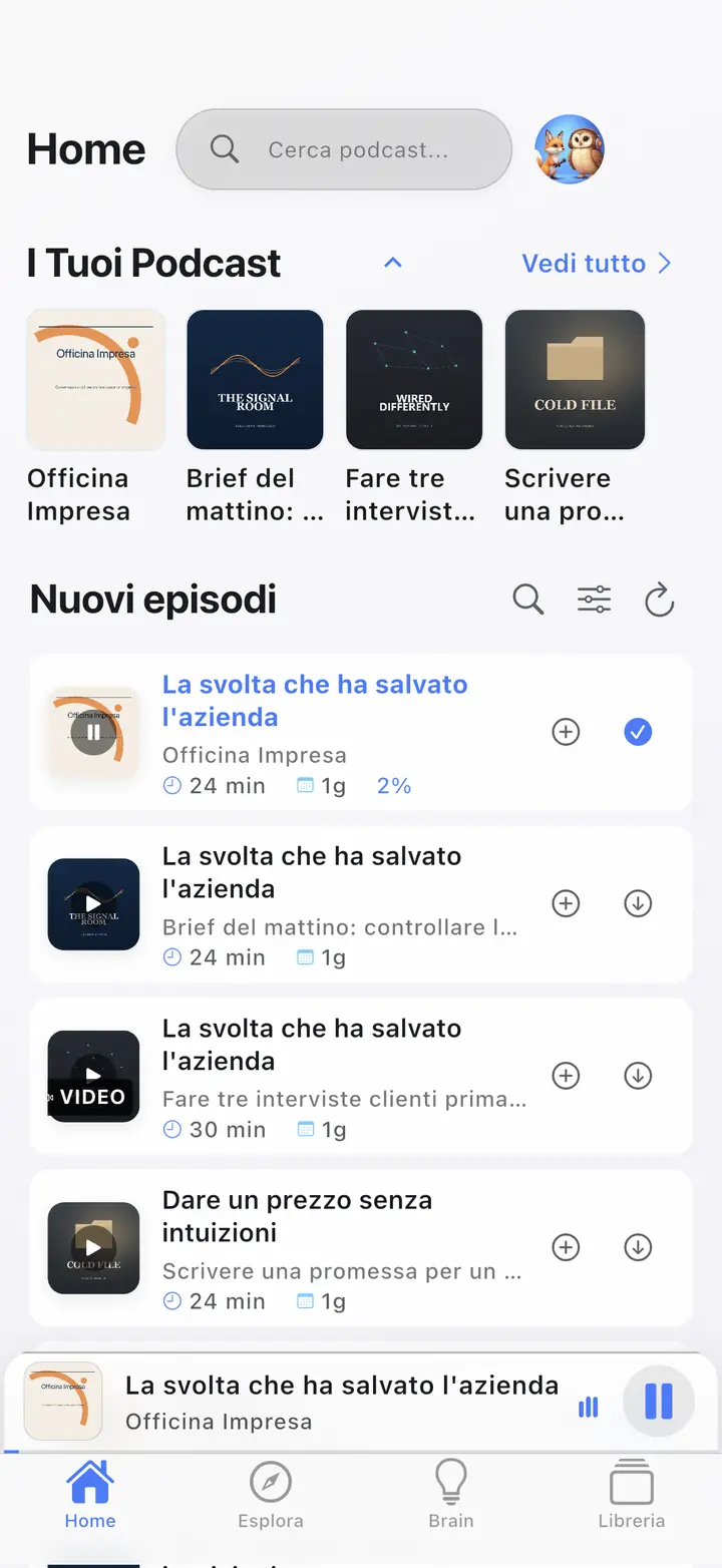 La schermata iniziale — The Podcast App, in esecuzione in questa lingua.