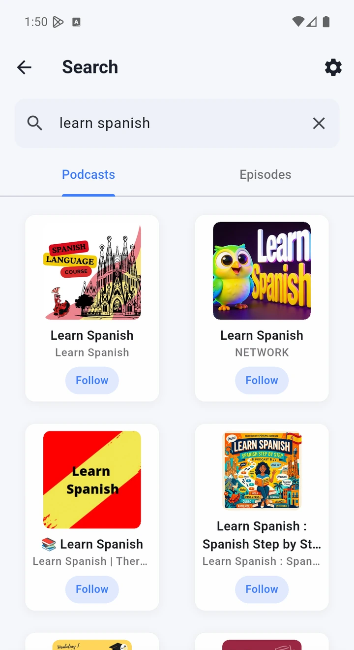نتایج جستجوی پادکست یادگیری زبان در The Podcast App