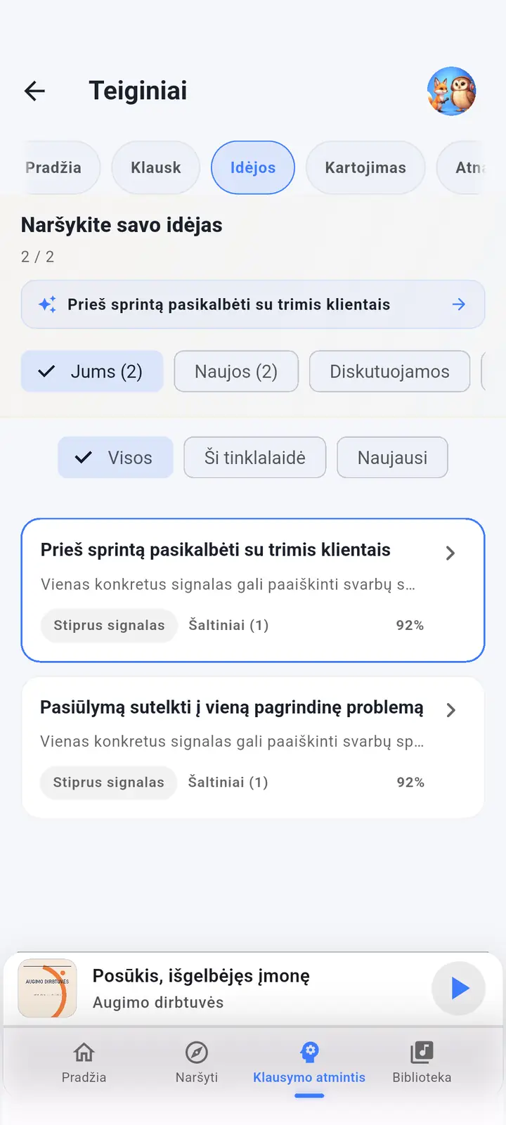 AI asistento ekranas — The Podcast App, veikia šia kalba.