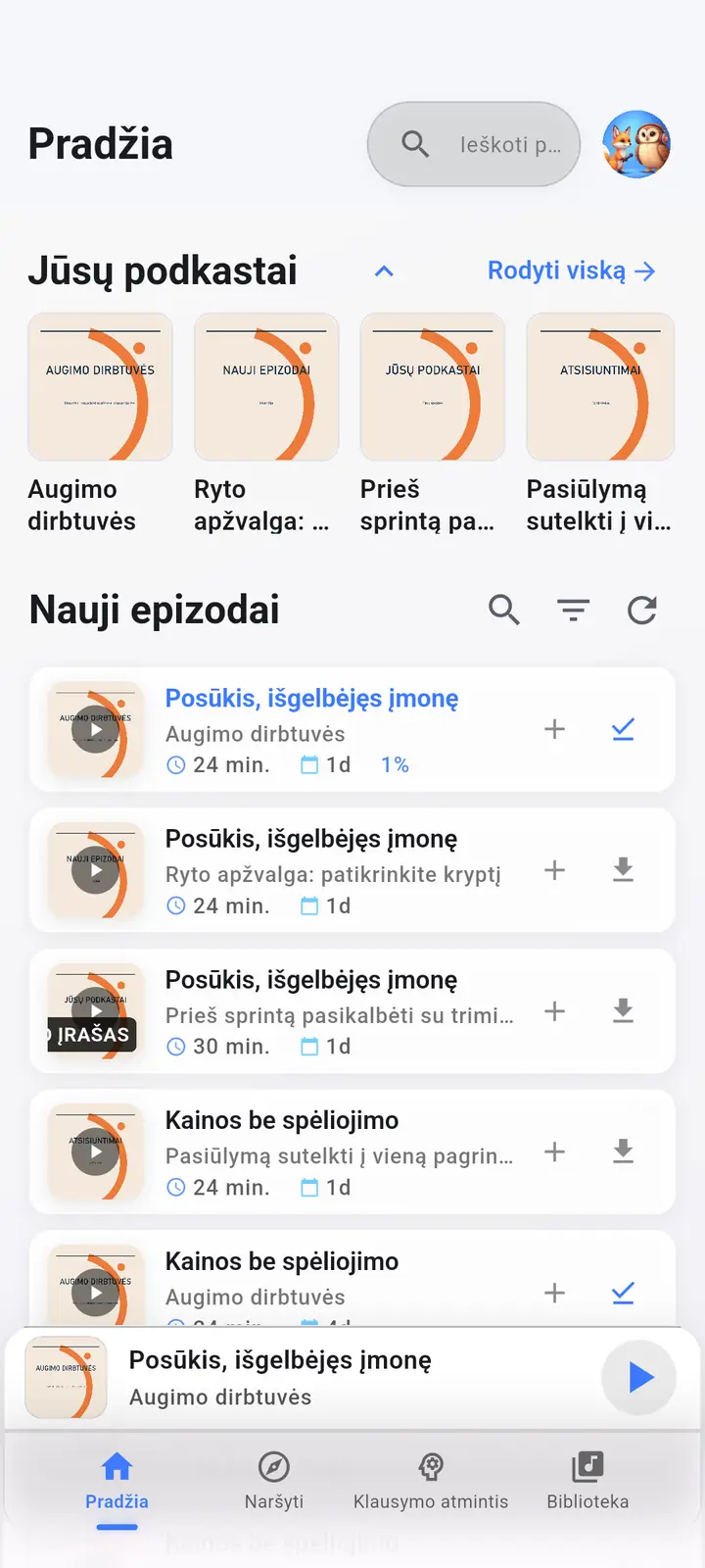 Pagrindinis ekranas — The Podcast App, veikia šia kalba.