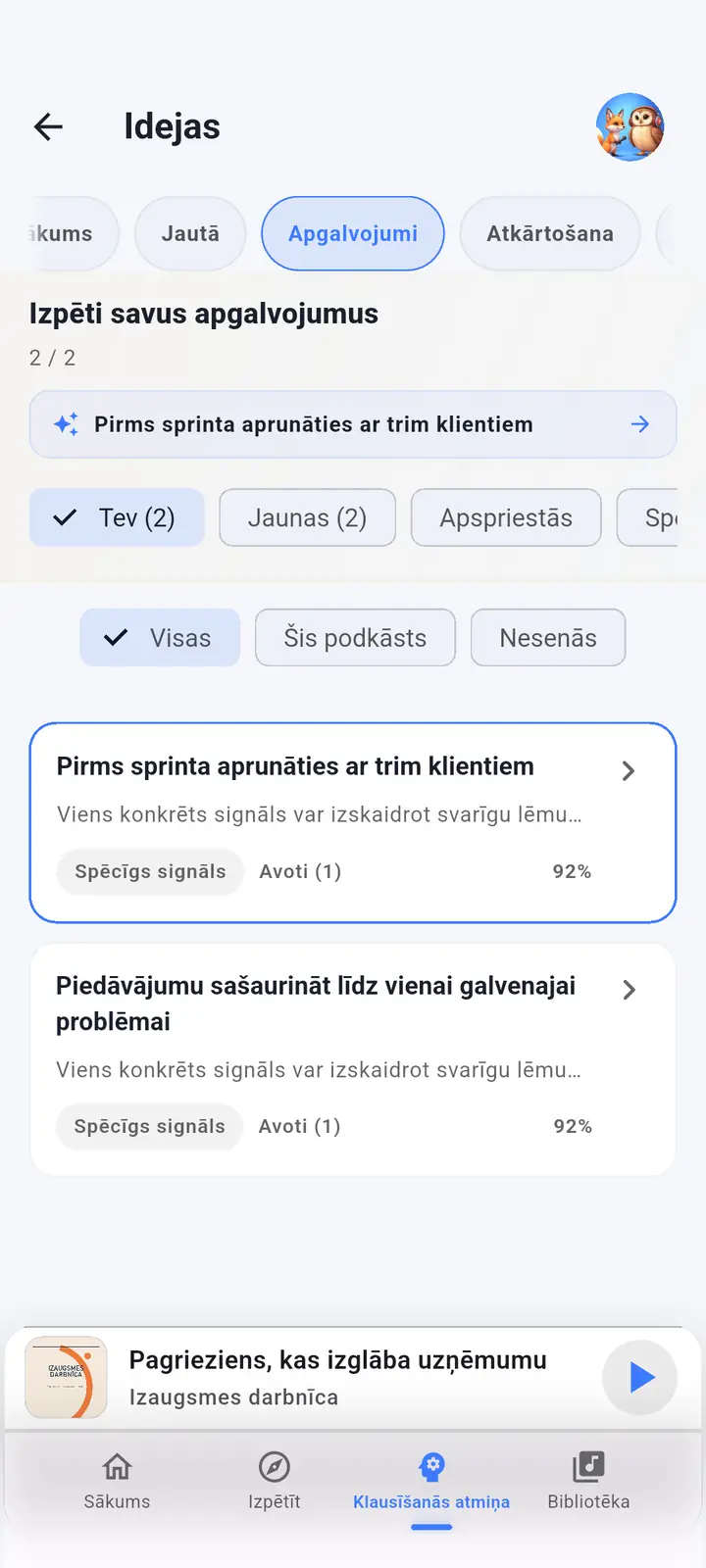 AI palīga ekrāns — The Podcast App, darbojas šajā valodā.