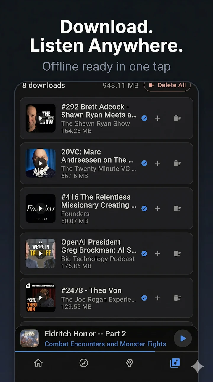 Episodios de podcast descargados en The Podcast App
