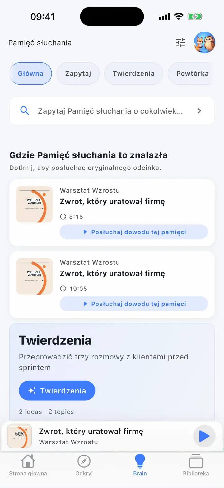 AI mózg — The Podcast App, działający w tym języku.