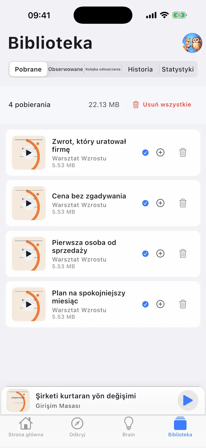 Pliki do pobrania — The Podcast App, działający w tym języku.