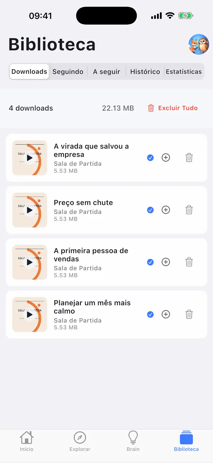 Transferências — The Podcast App, rodando neste idioma.