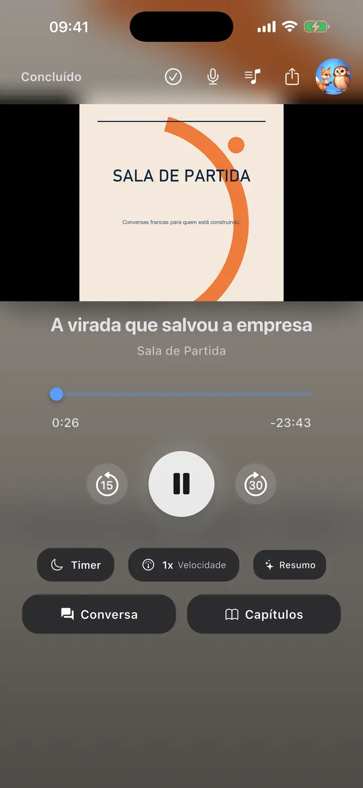 Jogador — The Podcast App, rodando neste idioma.