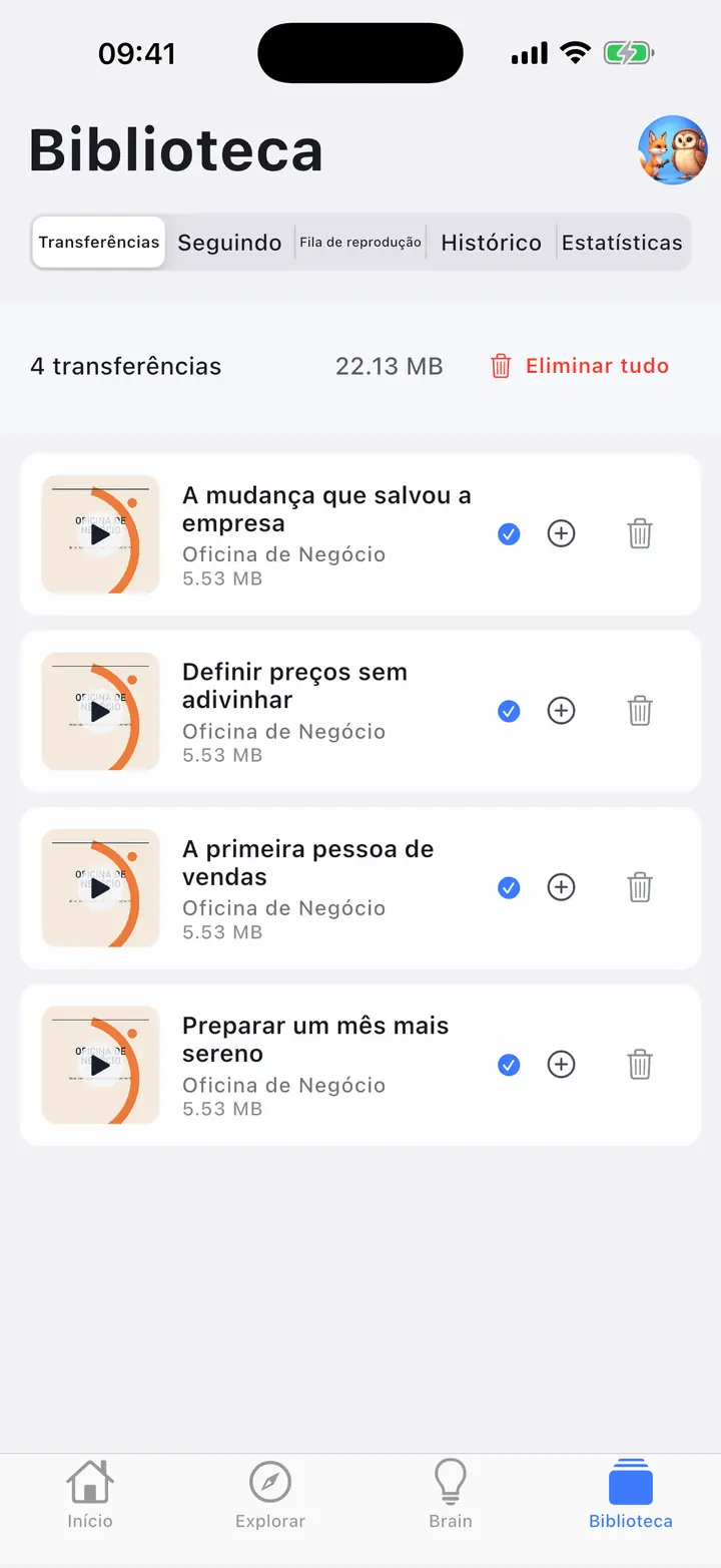 Transferências — The Podcast App, rodando neste idioma.