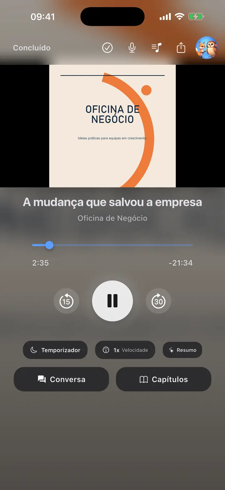 Jogador — The Podcast App, rodando neste idioma.