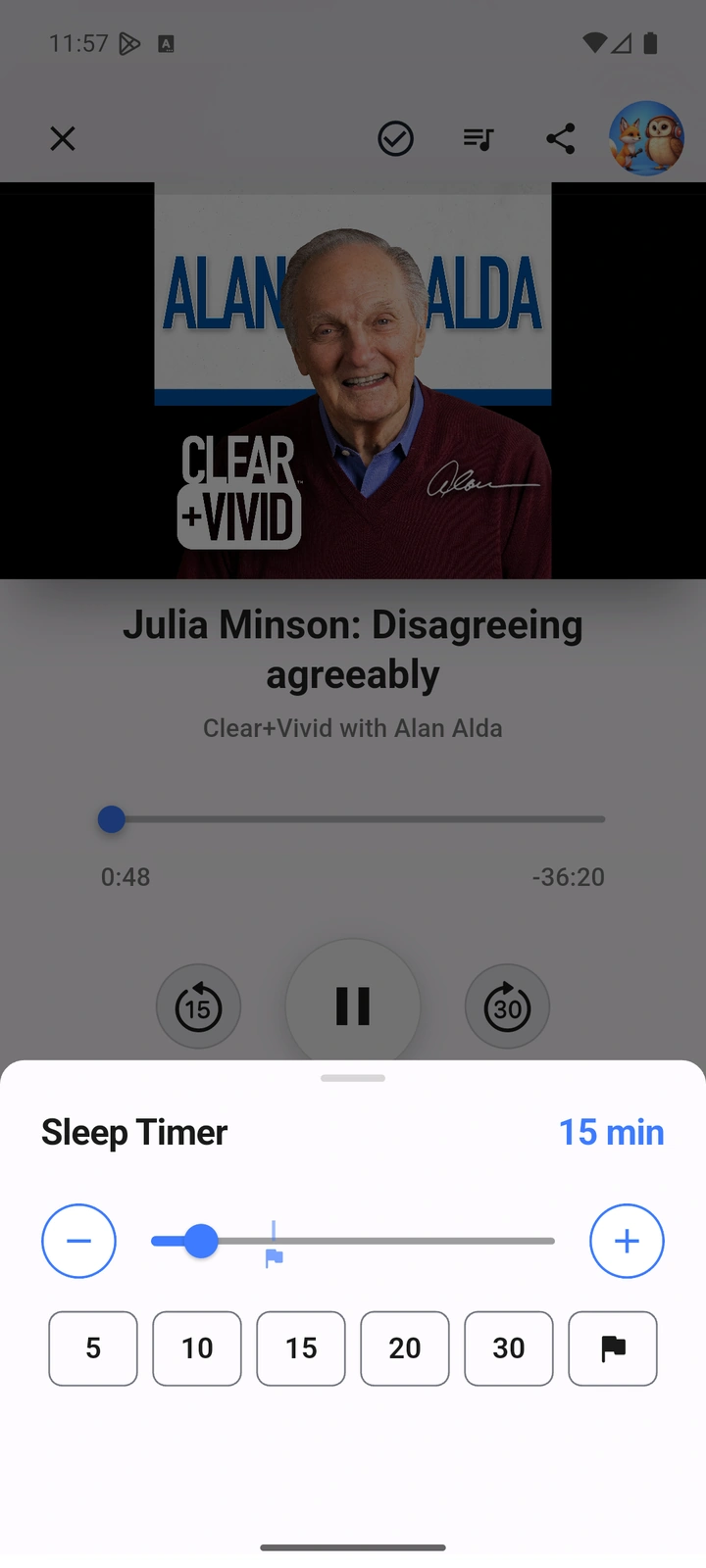 Sleep timer picker in The Podcast App