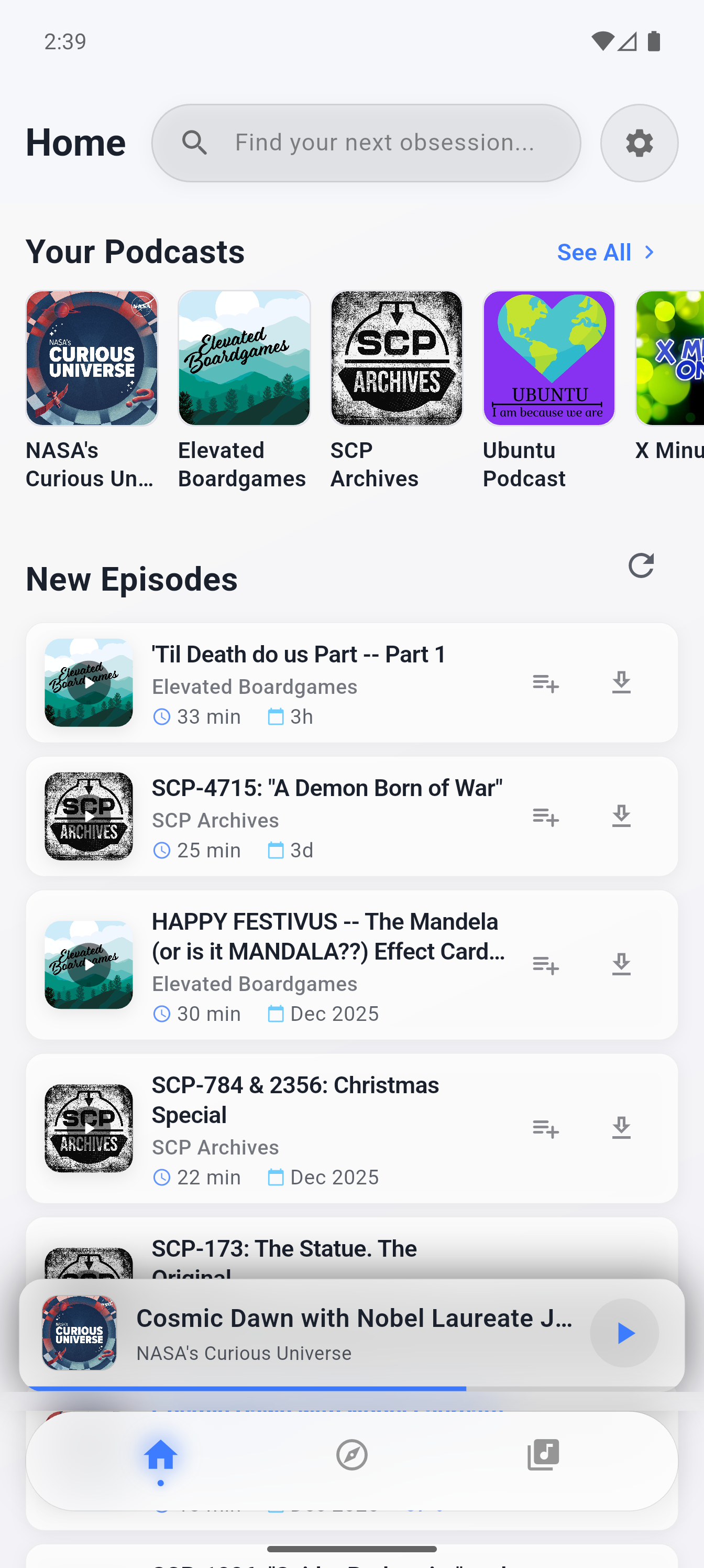The Podcast App home screen showing personalized podcast recommendations